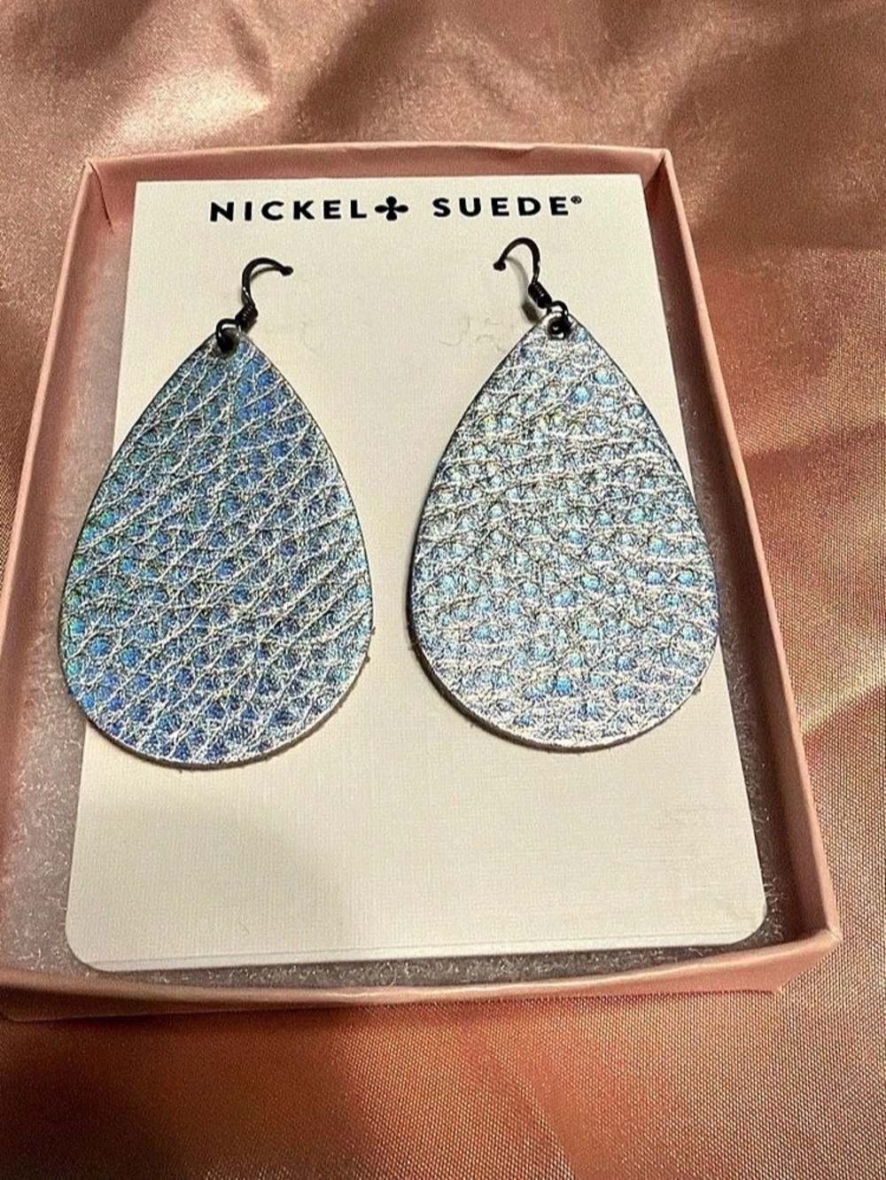 Nickel & Suede Big Shell Leather Teardrop Earrings Silver NWT